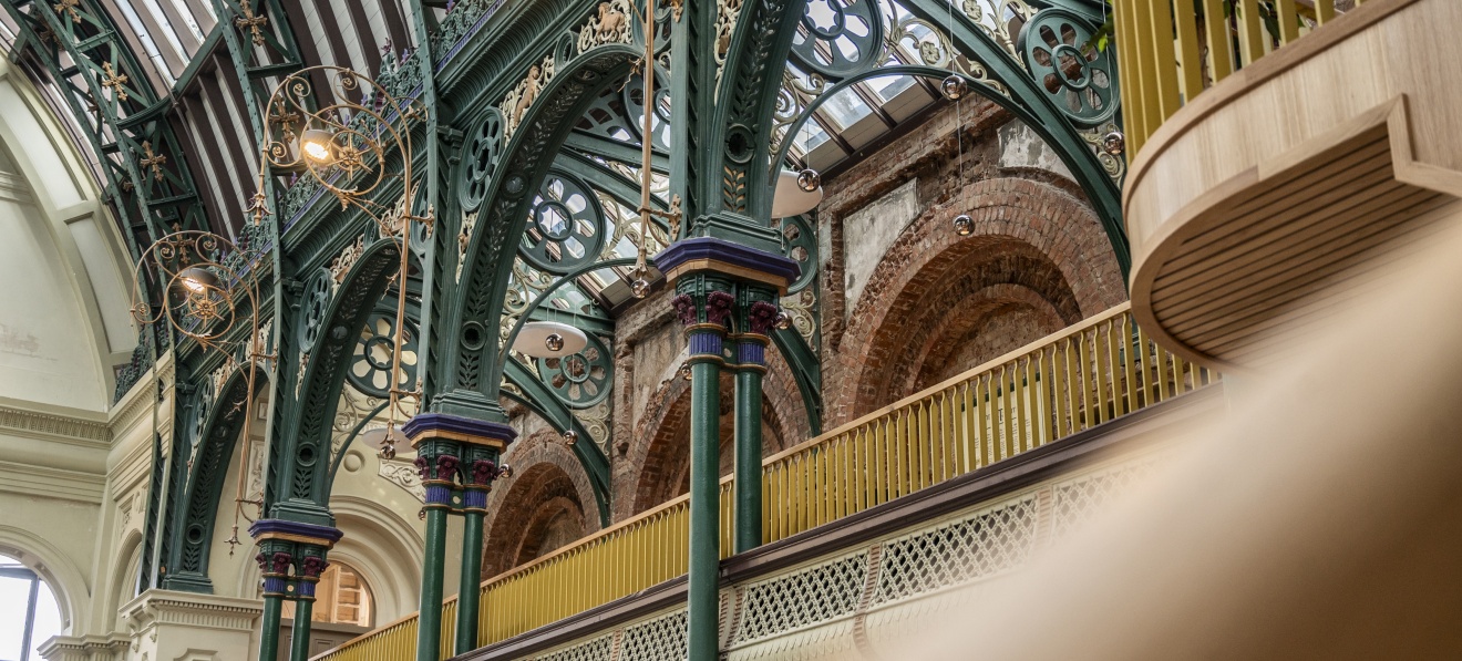 Photo of the inside, upper gallery at the Corn Exchange